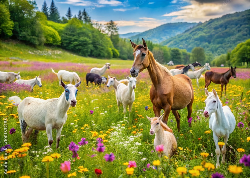 Obraz premium Vibrant wildflower meadow landscape with happy playful goats, sheep, and horses roaming freely, creating a peaceful and