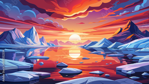 breathtaking sunset over a frozen lake or ocean, with large icebergs and chunks of ice floating on the calm, reflective water. The sky is ablaze with vibrant shades of orange, pink, and purple, creati
