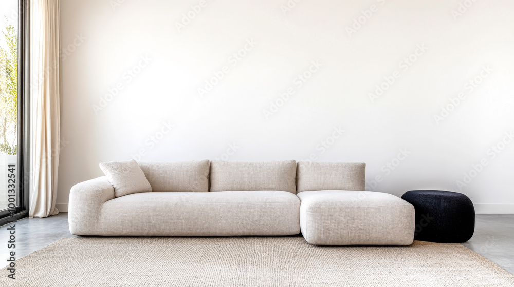 Modern minimalist living room with a light beige sofa and a black accent table in a bright, airy space during daylight Modern minimalist living room with a light beige sofa and a black accent table in a bright, airy space during daylight