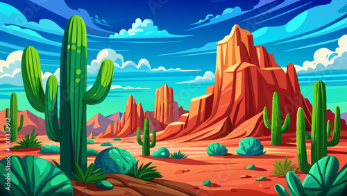desert landscape with large green cacti in the foreground, red rock formations in the background, and a blue sky with fluffy white clouds