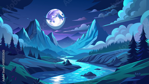 dramatic landscape with a glowing moon in a cloudy night sky, illuminating a mountainous valley with a winding river below. The scene has a fantastical, mystical atmosphere