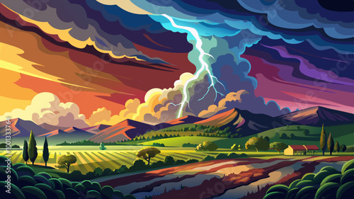 landscape with a stormy sky, lightning, and a vineyard in the foreground. The sky is filled with dark, ominous clouds and a bright bolt of lightning streaks across the frame. The vineyard row