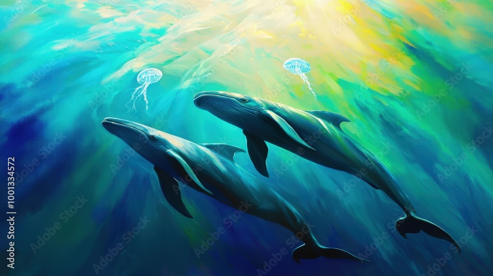 Obraz premium Two majestic whales gracefully swim beneath a vibrant ocean surface, surrounded by jellyfish