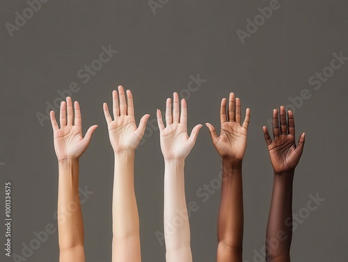 Diversity and unity in a row of raised hands.