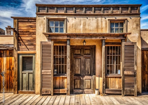 Vintage wooden saloon doors and old west signage stand against a weathered, sun-bleached adobe building facade, evoking photo