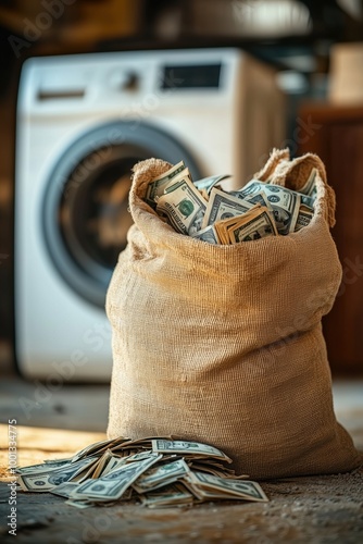 Bag of Money on the Ground with Washing Machine in the Background, Symbolizing Money Laundering, 
