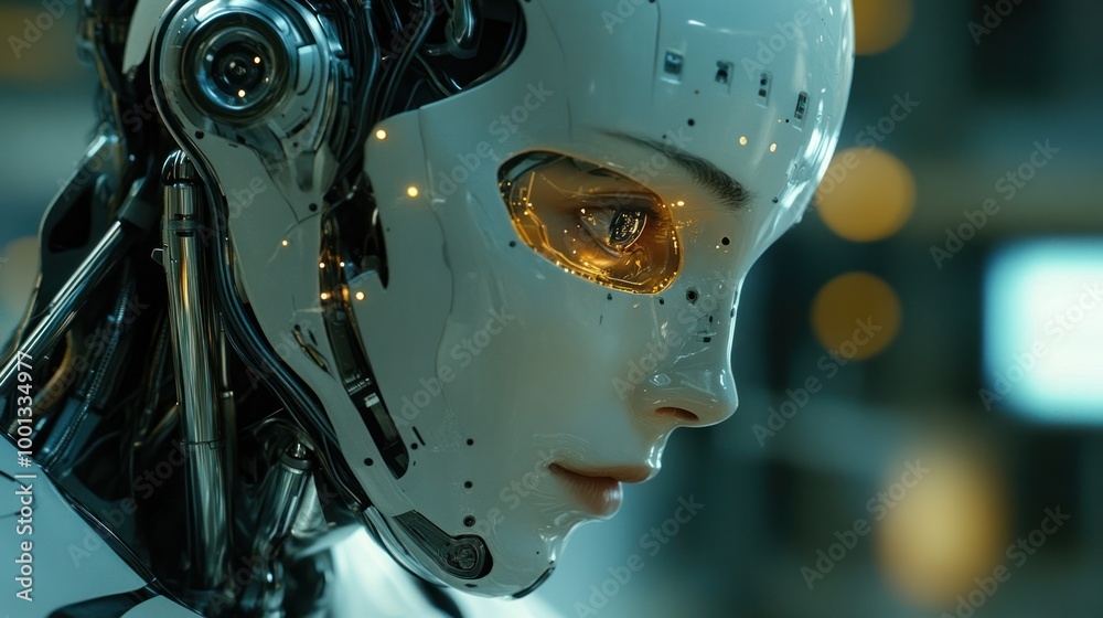 Futuristic Humanoid Robot with Illuminated Eye Close-up in High-Tech Environment Futuristic Humanoid Robot with Illuminated Eye Close-up in High-Tech Environment