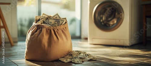 Bag of Money on the Ground with Washing Machine in the Background, Symbolizing Money Laundering, 