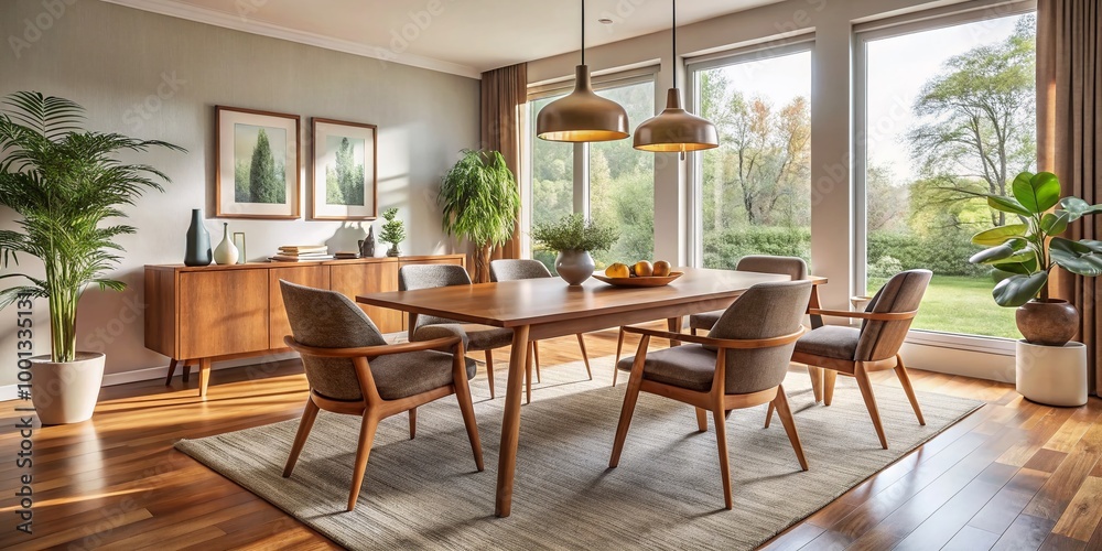 Fototapeta premium Warm and inviting mid-century modern dining room features wooden armchairs, oblong table, and minimalist decor, evoking
