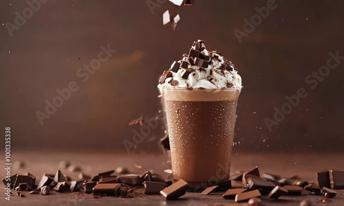 A refreshing iced mocha with whipped cream and chocolate shavings photo