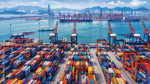 The vibrant Gulf Port: stacked containers, docked ships, busy international trade, and the vast sea with mountains in the background