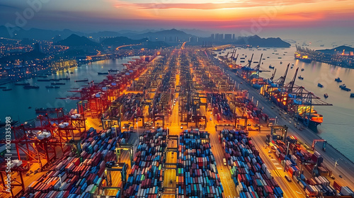 The vibrant Gulf Port: stacked containers, docked ships, busy international trade, and the vast sea with mountains in the background