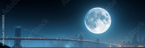 A stunning nighttime view of a city skyline with a bridge illuminated by a full moon, capturing the beauty of urban landscapes under a celestial glow. This image evokes feelings of peace, tranquility, photo