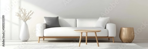 A stylish and comfortable living room featuring a white sofa, a wooden coffee table, a vase with dried branches, and a wooden side table. It is a minimalist design with a focus on simplicity and funct photo