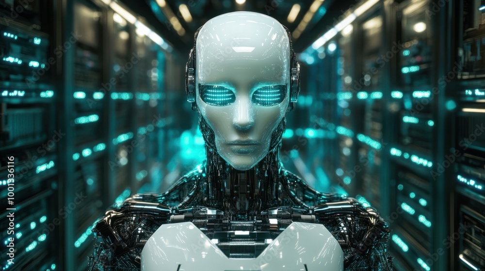 Futuristic AI Robot with Glowing Eyes in a High-Tech Server Room Environment Futuristic AI Robot with Glowing Eyes in a High-Tech Server Room Environment