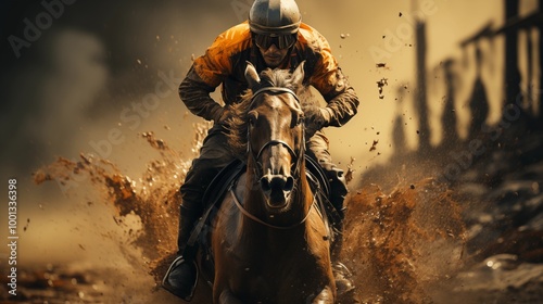 Horse racing as a jockey and their racing horse dash towards victory.