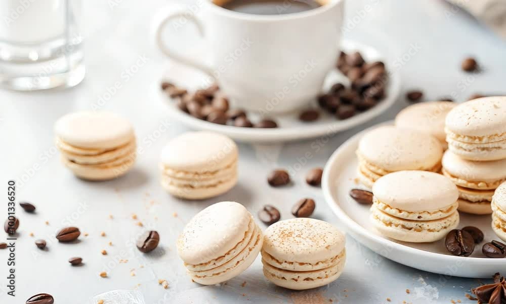 A plate of coffee-flavored macarons with a cappuccino in the background A plate of coffee-flavored macarons with a cappuccino in the background