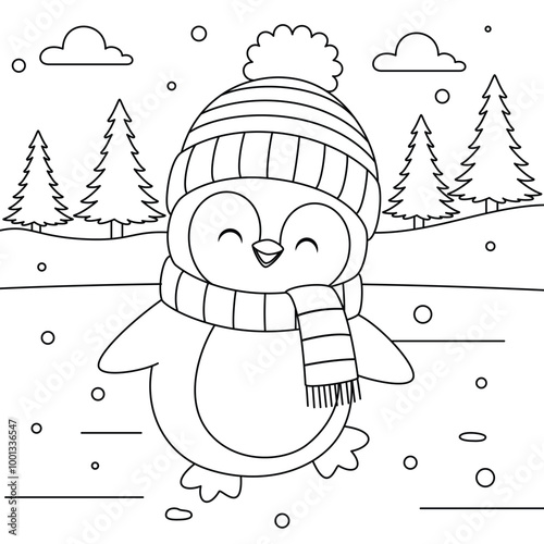 Cute penguin ice skating outline coloring page. Christmas and Winter Illustration