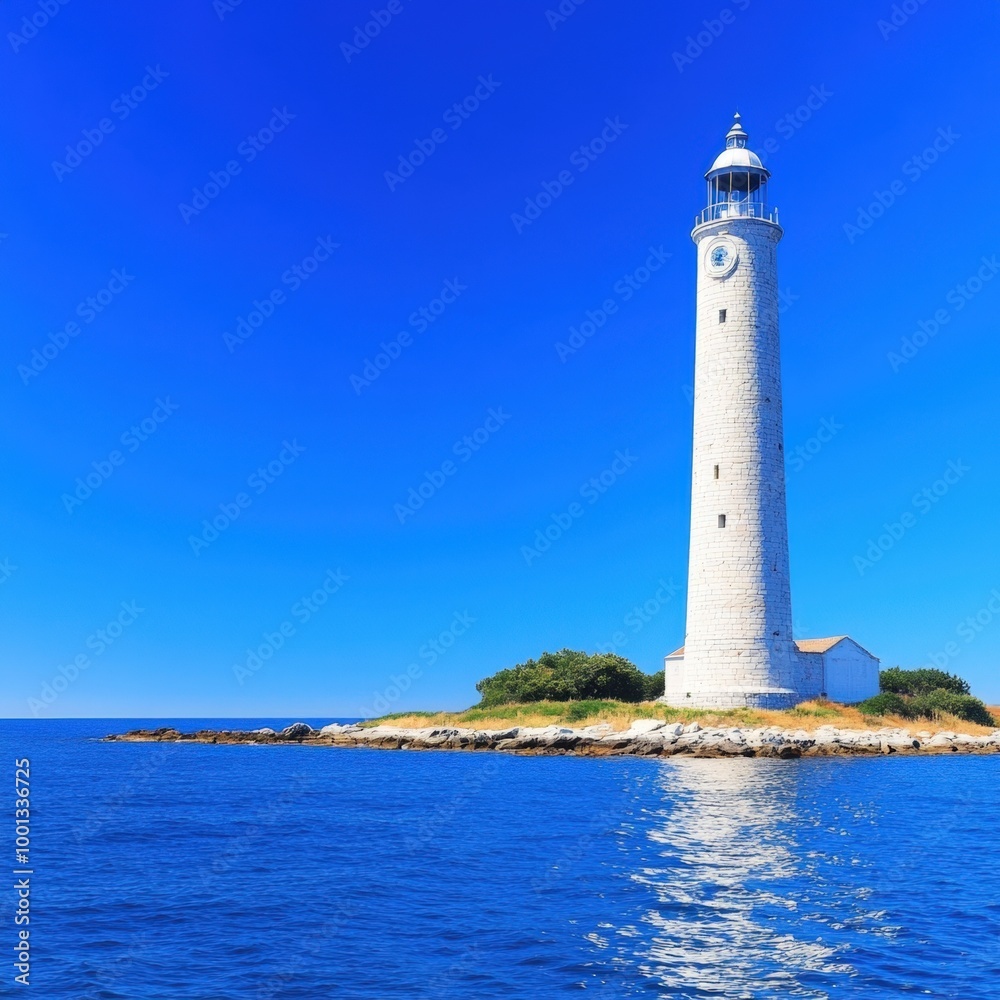 Majestic lighthouse standing tall against the azure sea on a bright sunny day Majestic lighthouse standing tall against the azure sea on a bright sunny day