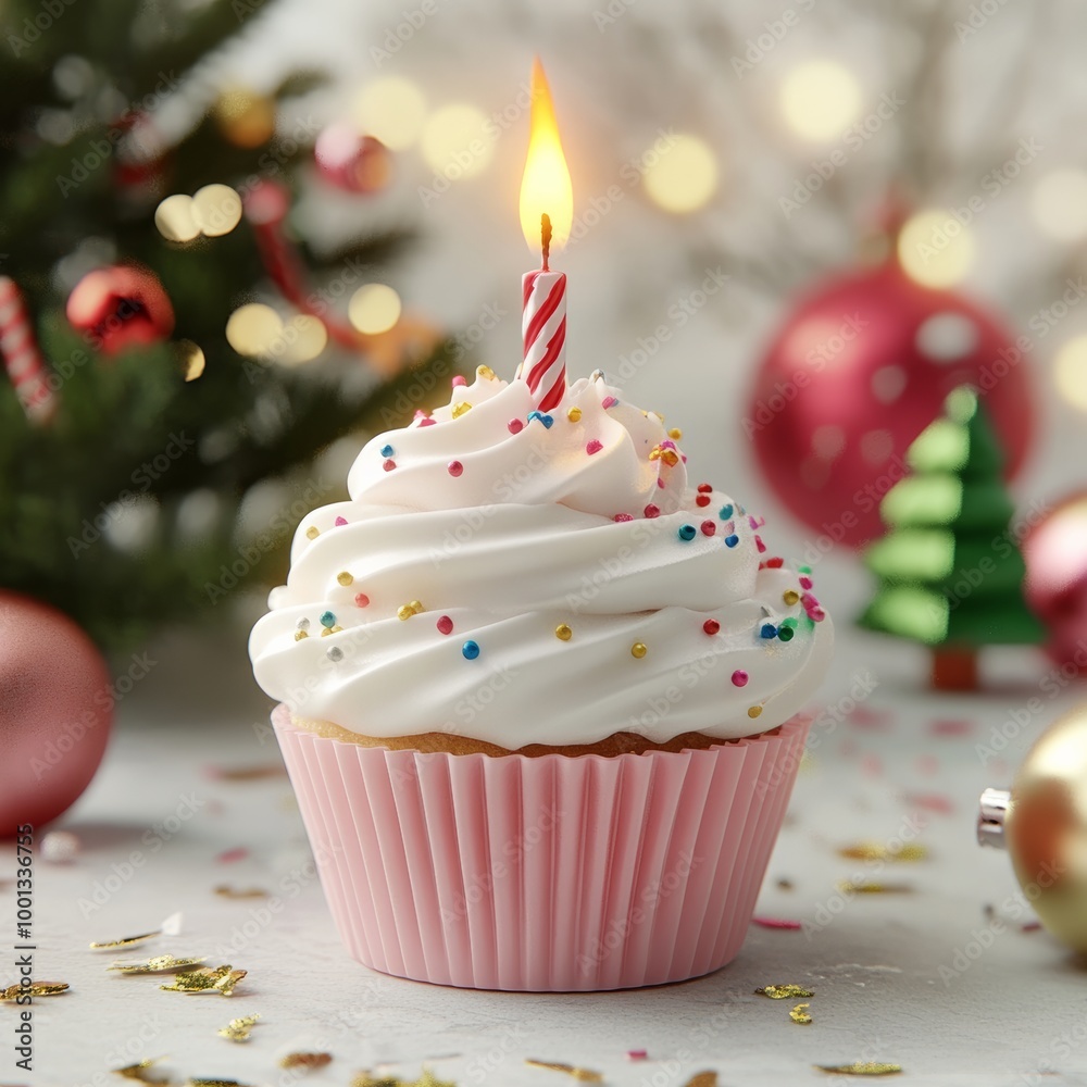 A 3D rendering of a cute pink cupcake with white frosting and sprinkles, topped with a burning birthday candle, surrounded by colorful holiday decorations, and a small Christmas tree A 3D rendering of a cute pink cupcake with white frosting and sprinkles, topped with a burning birthday candle, surrounded by colorful holiday decorations, and a small Christmas tree