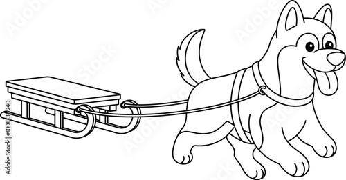 Cute husky dog and sleigh outline coloring page. Christmas and Winter Illustration