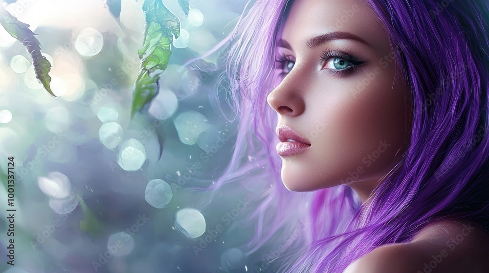 A close-up of a young woman with vibrant purple hair against a soft background A close-up of a young woman with vibrant purple hair against a soft background