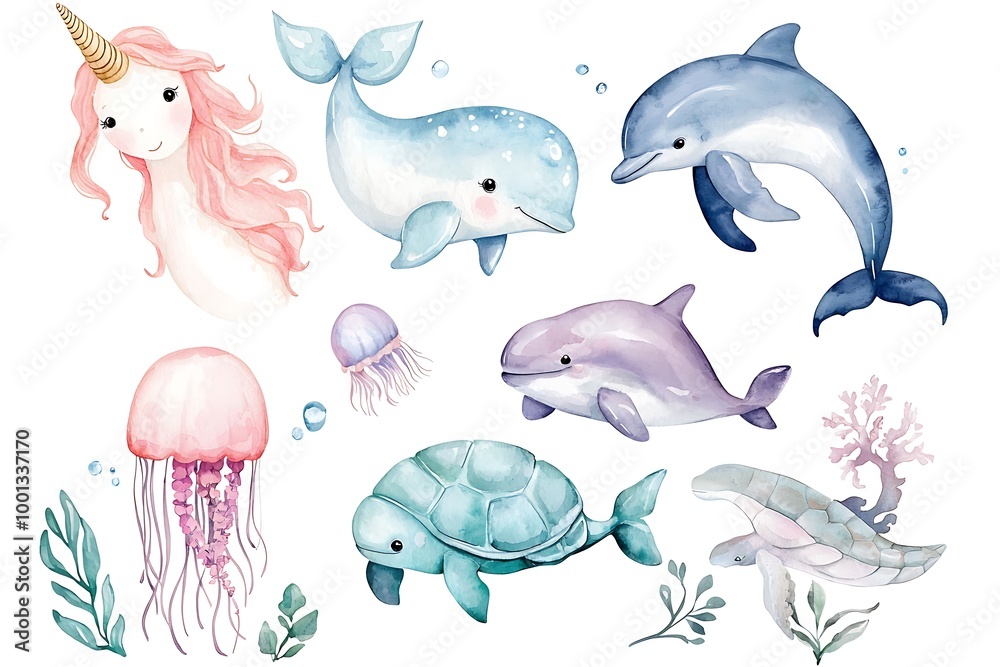 Fototapeta premium Watercolor cute and adorable sea animals