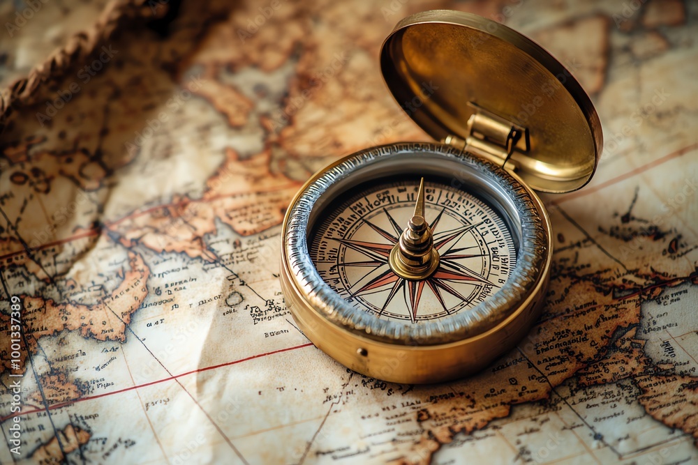 Antique compass on old world map. Antique compass on old world map.