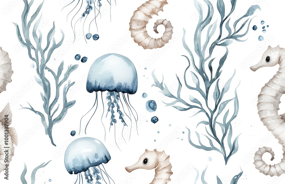 Watercolor sea life seamless pattern Watercolor sea life seamless pattern