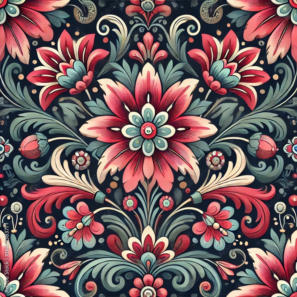 A pattern featuring stylized flowers on a dark background A pattern featuring stylized flowers on a dark background
