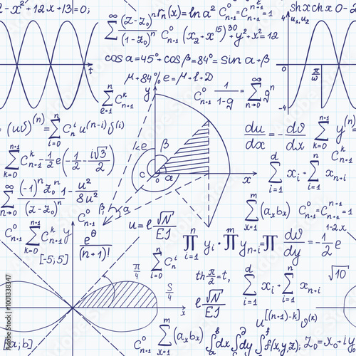 Mathematical vector seamless pattern with formulas, plots and equations on a grid paper