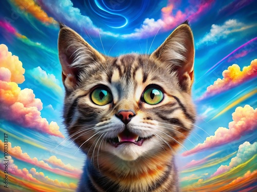 Whimsical, colorful clouds morph into a mischievous cat's face with a wide, enigmatic grin, set against a bright photo