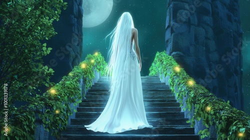A mystical figure in a flowing white gown ascends enchanted stairs beneath a glowing moon
