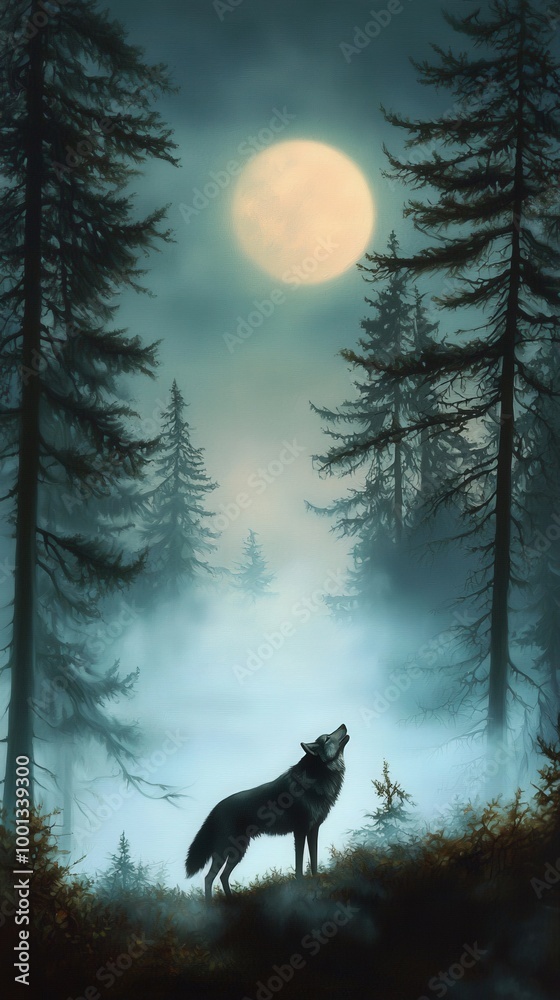 A lone wolf howls beneath a luminous full moon in a misty pine forest at night A lone wolf howls beneath a luminous full moon in a misty pine forest at night