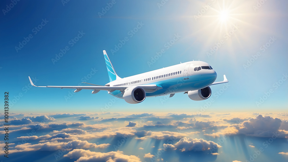 Commercial airplane flying above clouds in sunlight Commercial airplane flying above clouds in sunlight