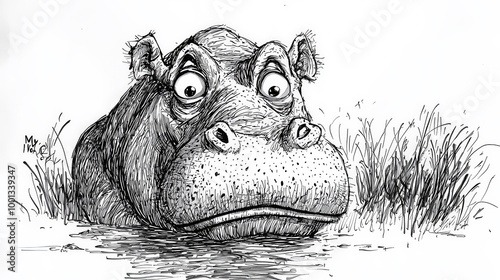 Anxious Hippo: Whimsical Ink Cartoon. Generative AI photo