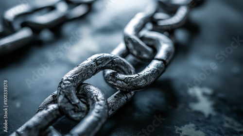 A close-up view of a metallic chain, showcasing its detailed texture and interlinked structure against a dark background.