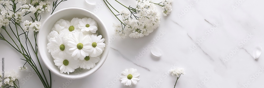 A minimalist setup featuring white daisy flowers arranged in a white bowl, presenting a clean and serene aesthetic. A minimalist setup featuring white daisy flowers arranged in a white bowl, presenting a clean and serene aesthetic.