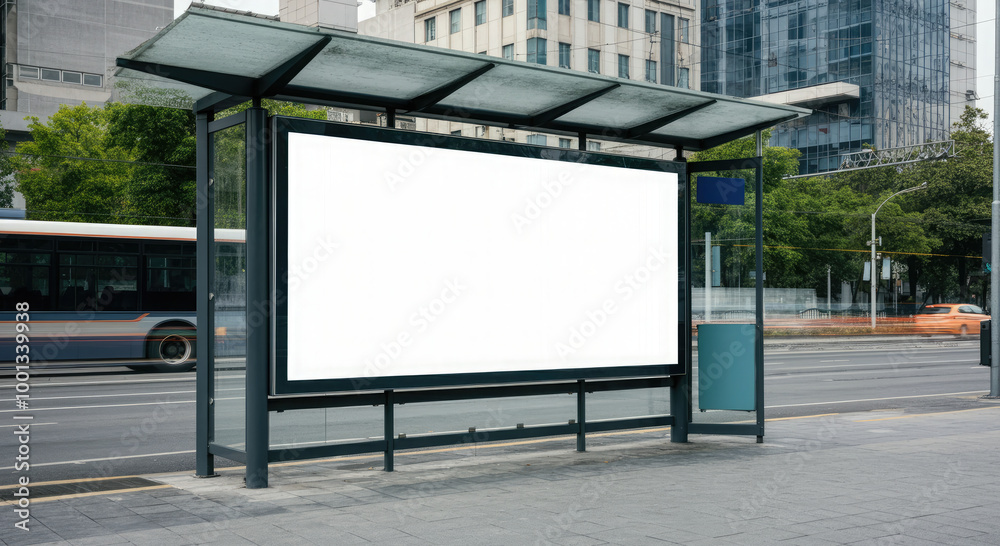 Blank white billboard on glass bus stop shelter on the street. Blank white billboard on glass bus stop shelter on the street.