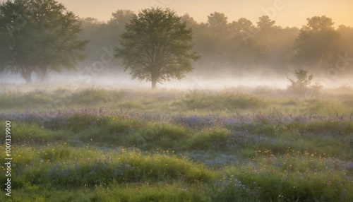 A tranquil sunrise over a misty meadow filled with blooming wildflowers and lush greenery in the early morning light