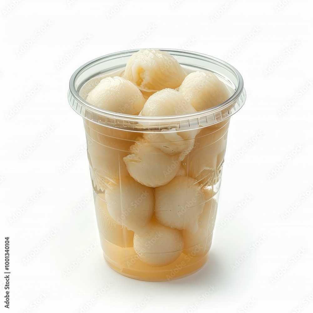 clear plastic cup containing Thai Coconut Milk Drink and lid, isolated white background Studio lighting specifically for advertising clear plastic cup containing Thai Coconut Milk Drink and lid, isolated white background Studio lighting specifically for advertising