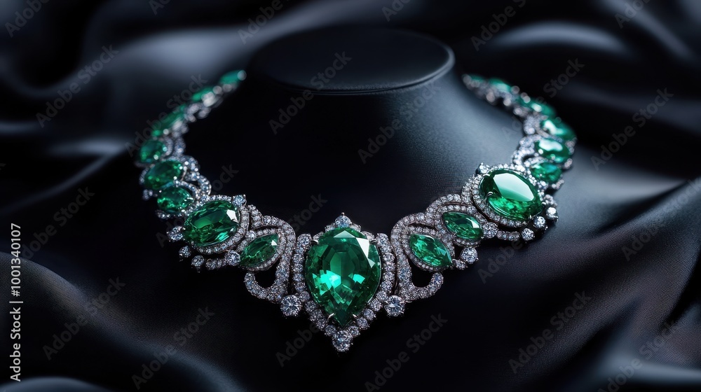Luxurious emerald necklace displayed elegantly on a black satin backdrop, showcasing intricate designs and sparkling details, Ideal for jewelry retailers, fashion magazines, and promotional materials Luxurious emerald necklace displayed elegantly on a black satin backdrop, showcasing intricate designs and sparkling details, Ideal for jewelry retailers, fashion magazines, and promotional materials