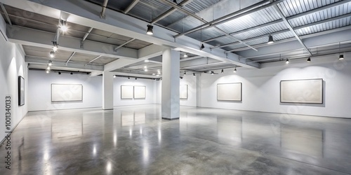 White contemporary art gallery interior with polished concrete floor  exposed ductwork ceiling  and blank white walls