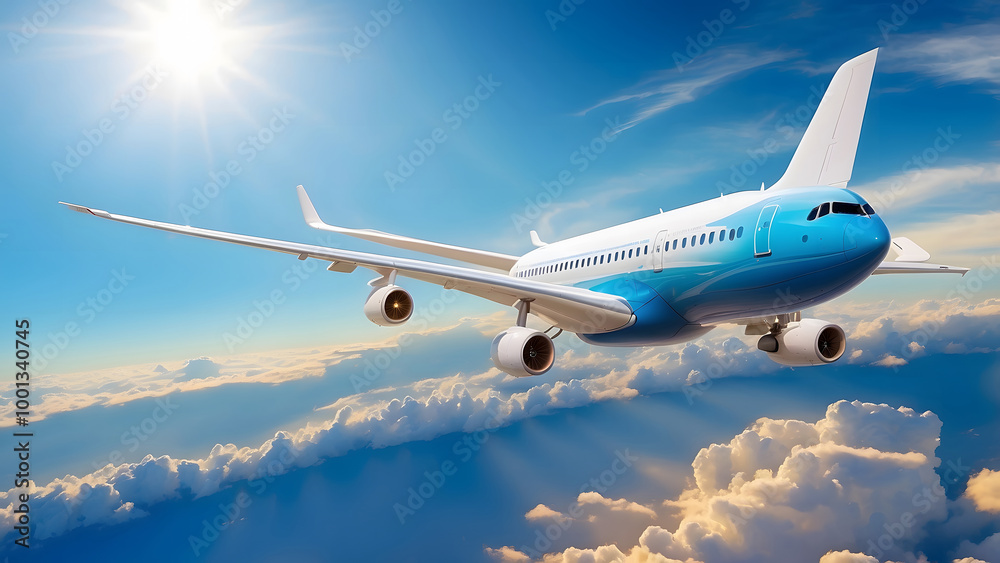 Obraz premium Commercial airplane flying above clouds in sunlight