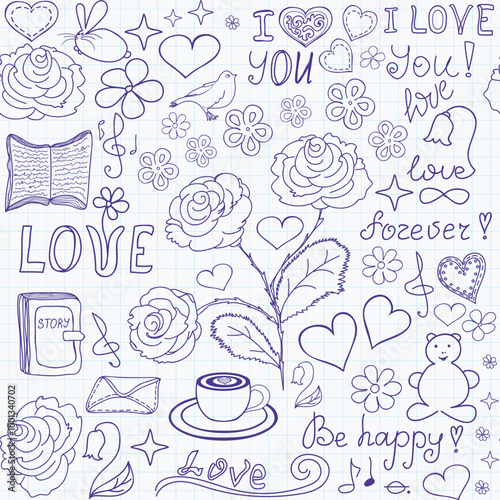 Beautiful Valentine vector seamless pattern with words of love, roses, hearts and funny drawings handwritten on the copybook paper