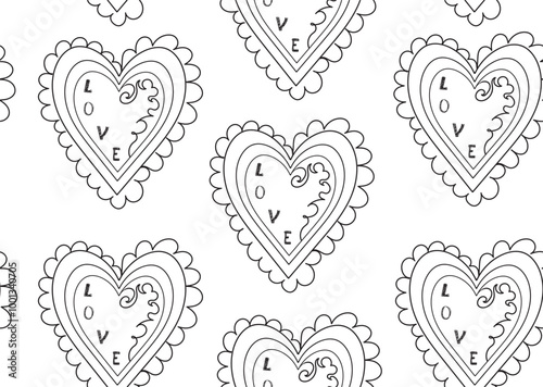 Beautiful vector seamless pattern with handwritten hearts and words "Love"