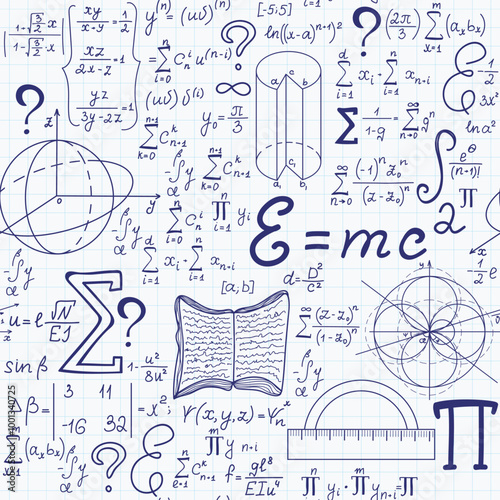 Math vector seamless pattern with handwritten formulas, figures calculations on copybook paper