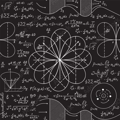 Math scientific vector seamless pattern with handwritten equations, formulas and calculations
