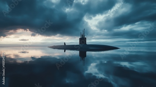 A submarine is submerged in the ocean, with its periscope and antennas visible above the waterline, under a dramatic sky