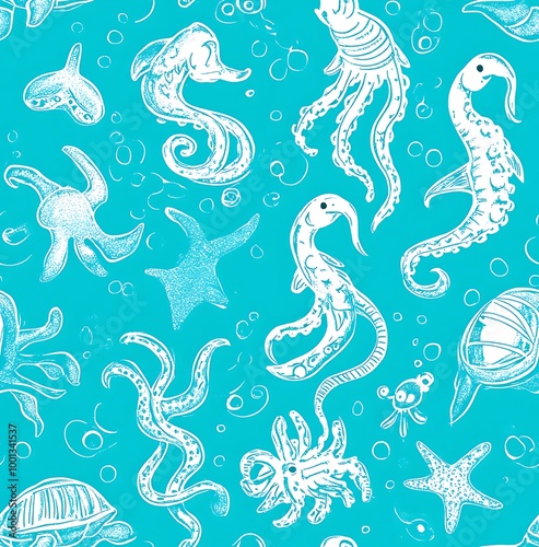 Whimsical turquoise blue ocean pattern with seahorses, octopuses